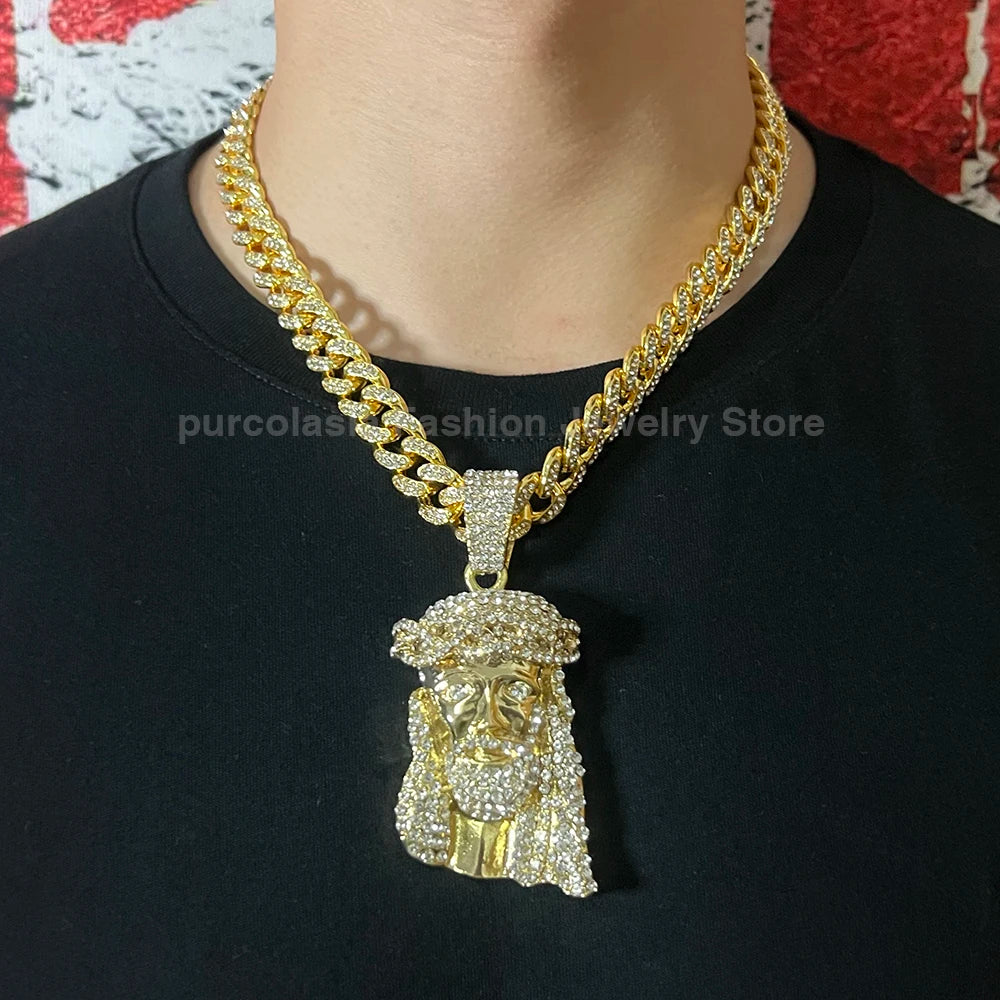 Men Hip Hop Rapper Popular Necklace Religious Jesus Portrait Pendant Rhinestones Cuban Chain Jewelry