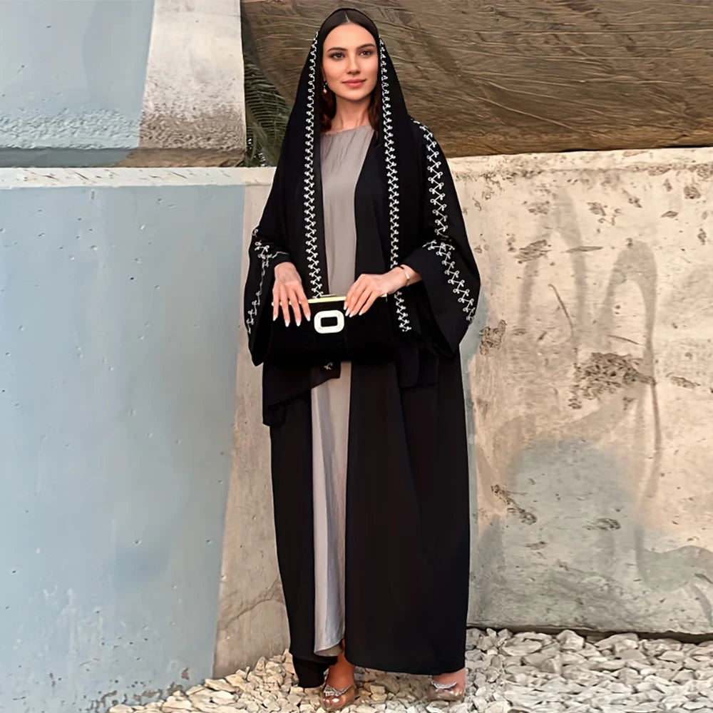 New Arrival Buckles Embroidery Abaya Hijab Dress Kimono Coat Outwear Women Long Sleeve Loose Arabic Muslim Dubai Moroccan Caftan