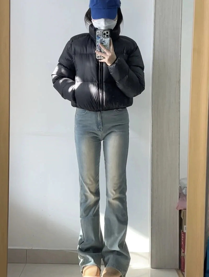 Casual Cropped Parkas for Women Winter New Loose Stand Collar Thick Warm Quilted Jacket Versatile Zipper Long Sleeve Bread Coat