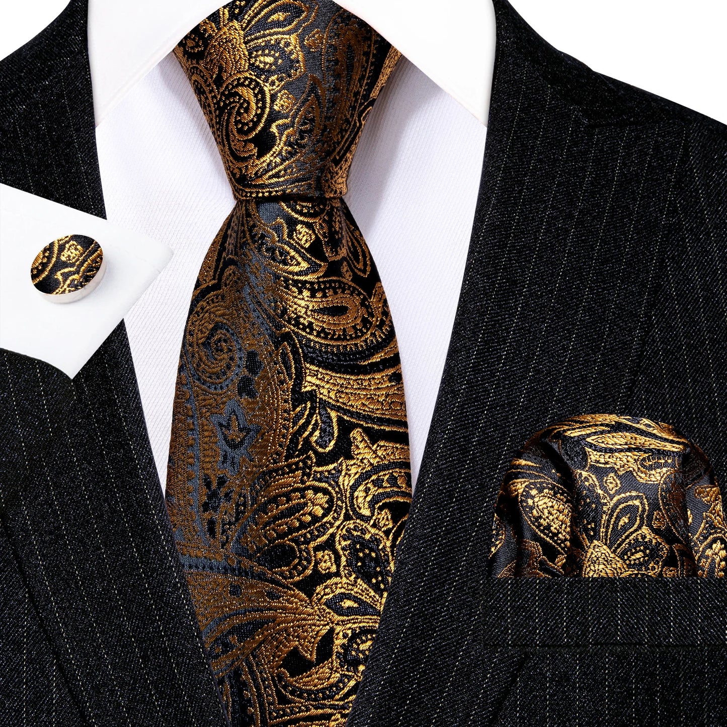 Barry.Wang Orange Brown Silk Mens Tie Hanky Cufflinks Set Gold Coffee Jacquard Designer Necktie For Male Wedding Business Party
