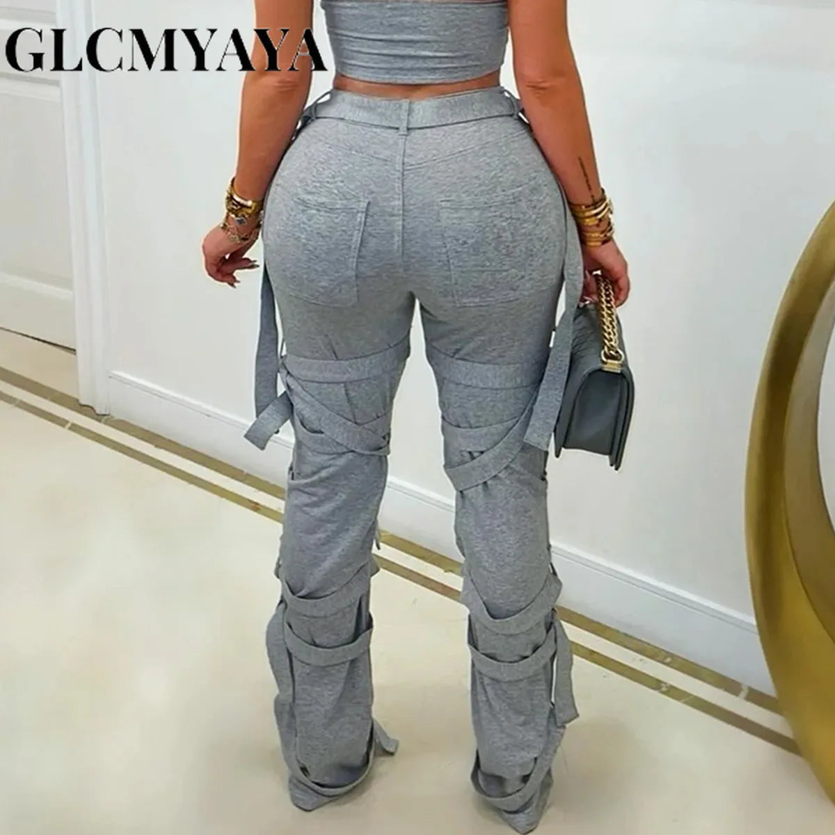CM.YAYA Active Women High Waist Straight Mult Ribbon Long Pants 2025 Fall Casual Cargo Sweatpants Streetwear Classic Trousers