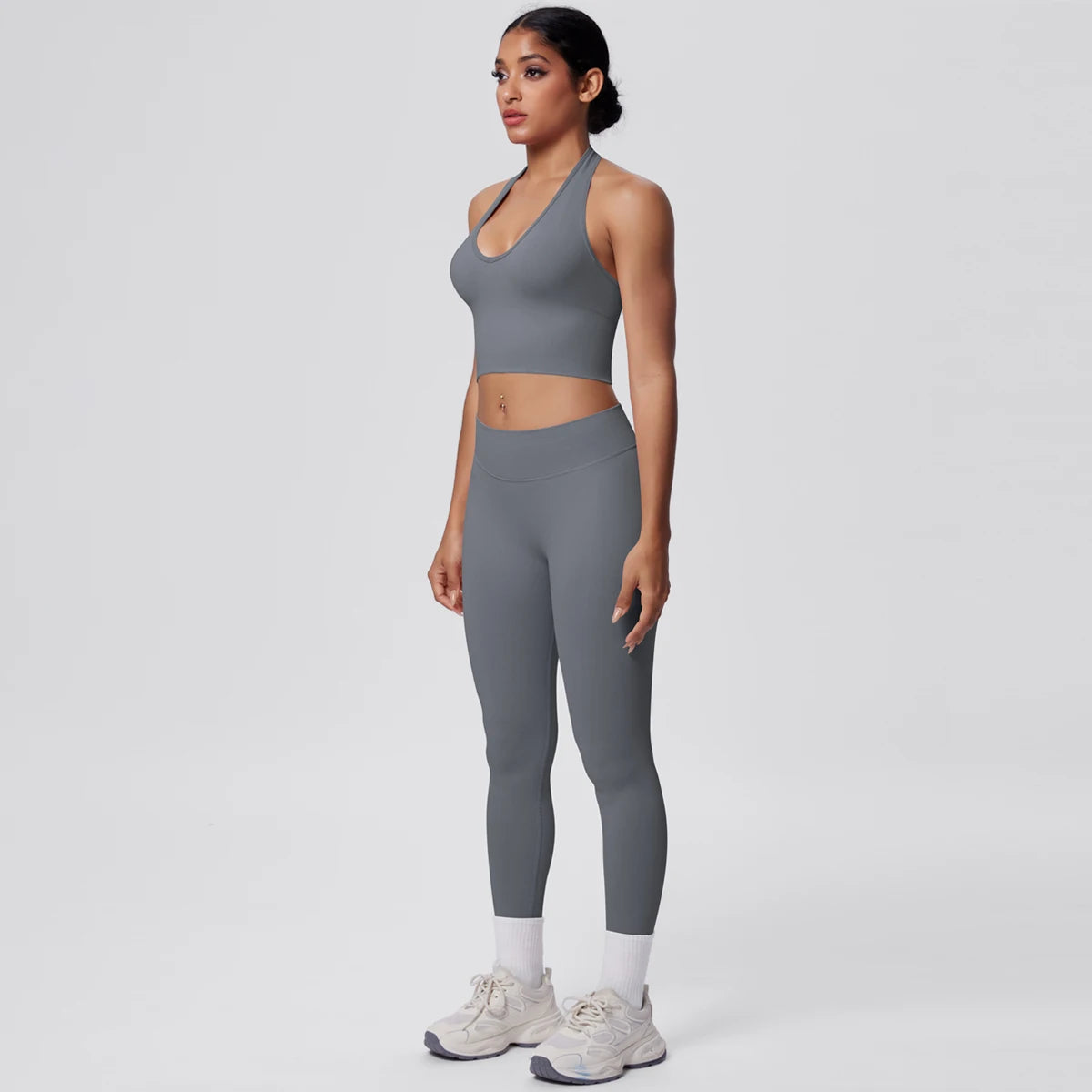 Solid Color Backless Breathable 2pieces Set for Woman High Strength Training Yoga Set Hanging Neck Bra Gym Push Up Fitness Pants