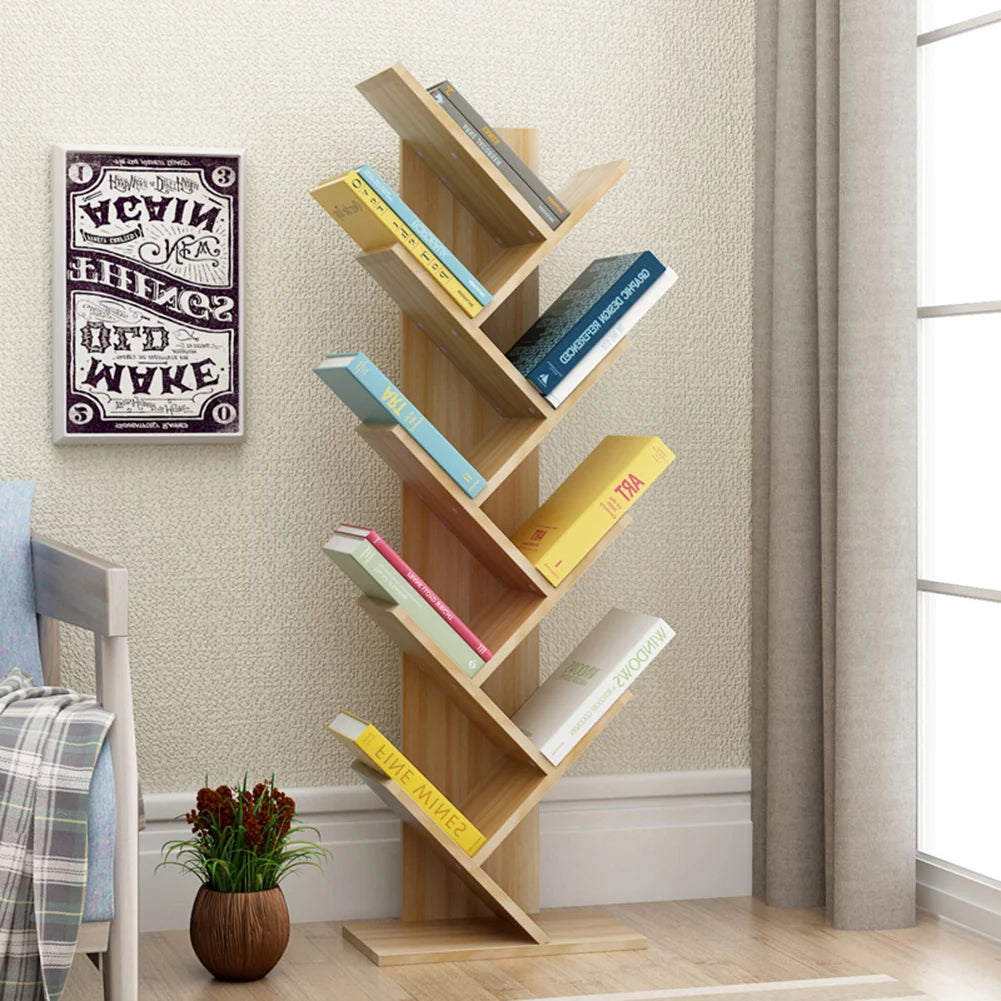 【Breeins】Rustic Standing Tree Bookshelf Wood Display Rack For Home Office Decoration Storage Organizer Shelf Bookcase