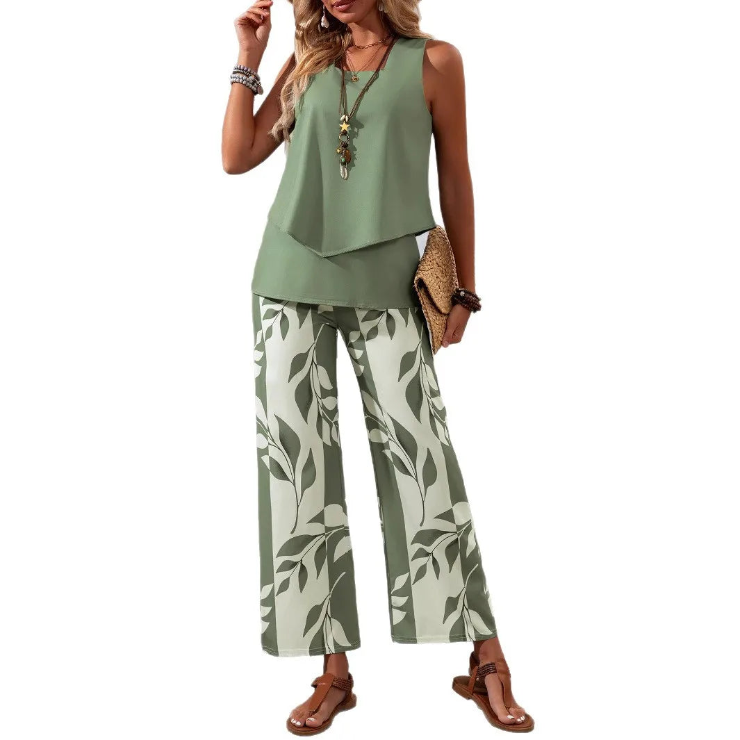 2 Piece Women Set Summer Autumn Sleeveless Shirt Blouse Top And Pants Suits Outfits Fashion Office Lady Matching Sets Outfit