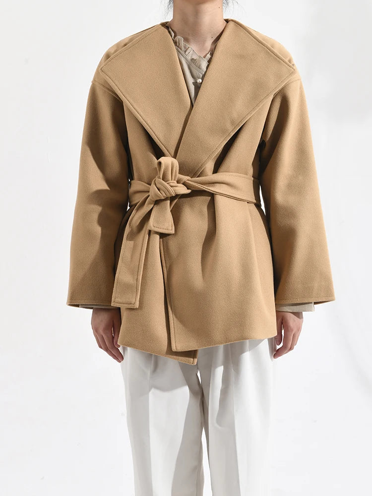[EWQ] Khaki Fashion Woolen Coat With Belt Women Long Sleeve Elegant Lapel Wool Jacket Outwears 2025 Autumn Winter New 16U5035