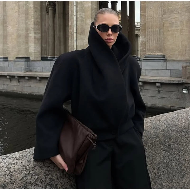 Black Stand Collar Woolen Coats Women's High Street Buttons Full Sleeve Short Overcoats 2026 Spring New Female Solid Outwear