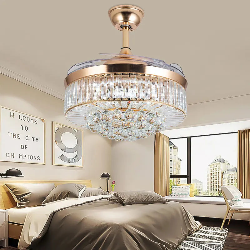 Reversible Chandelier Crystal Ceiling Dimming Modern Ceiling Fan Remote Control Retractable Invisible Blades  Fan with Stepless