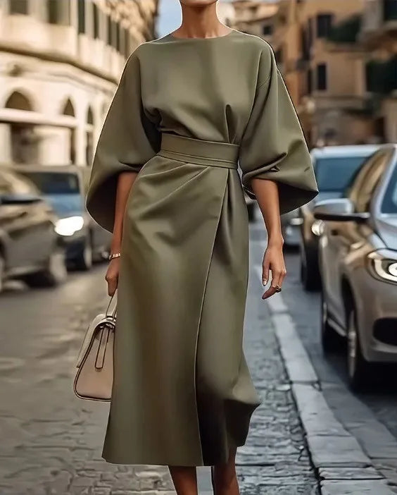 2025 Women's Fashion Temperament Elegant Solid Color Waist Dress Casual Bat Sleeve Long Skirt Vestidos De Mujer