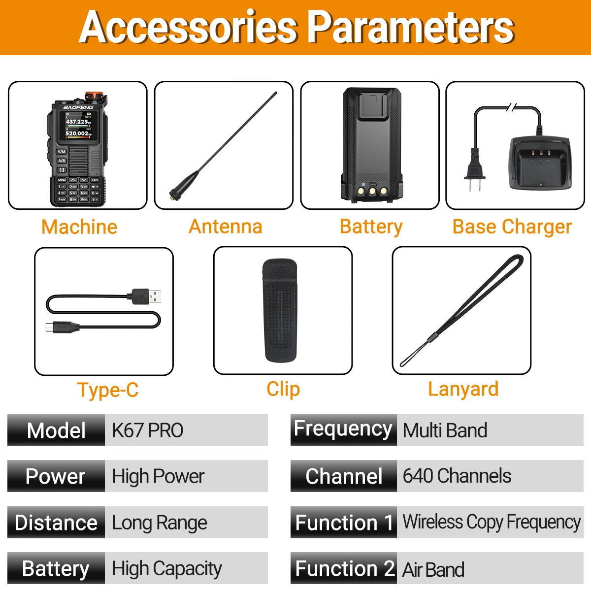 Baofeng UV-K67 PRO Walkie Talkie Long Range Multi Band Wireless Copy Frequency DTMF 640CH NOAA Type-C Ham Two Way Radio UV-5R