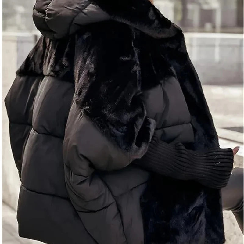 Women‘s Hooded Patchwork Warm Coat Autumn Padded Jacket Oversize Outerwear In Winter