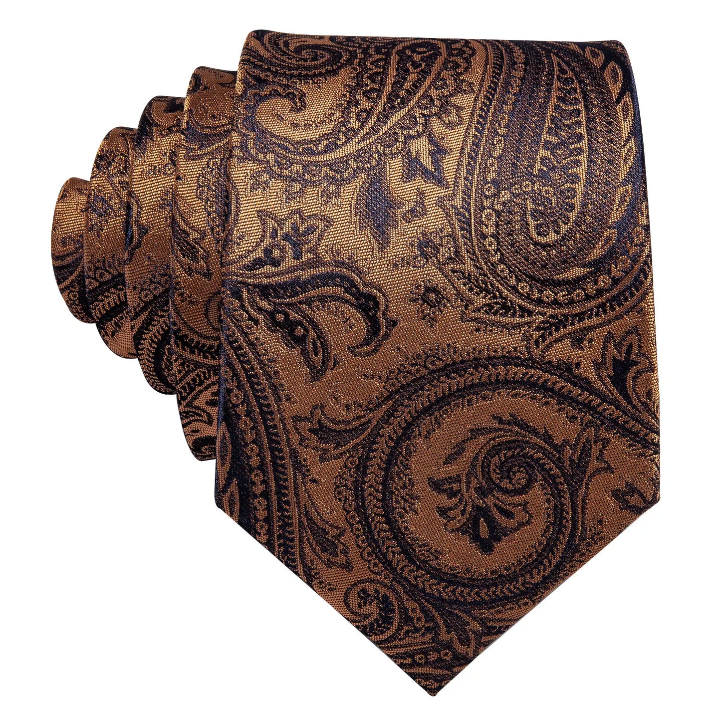 Barry.Wang Orange Brown Silk Mens Tie Hanky Cufflinks Set Gold Coffee Jacquard Designer Necktie For Male Wedding Business Party