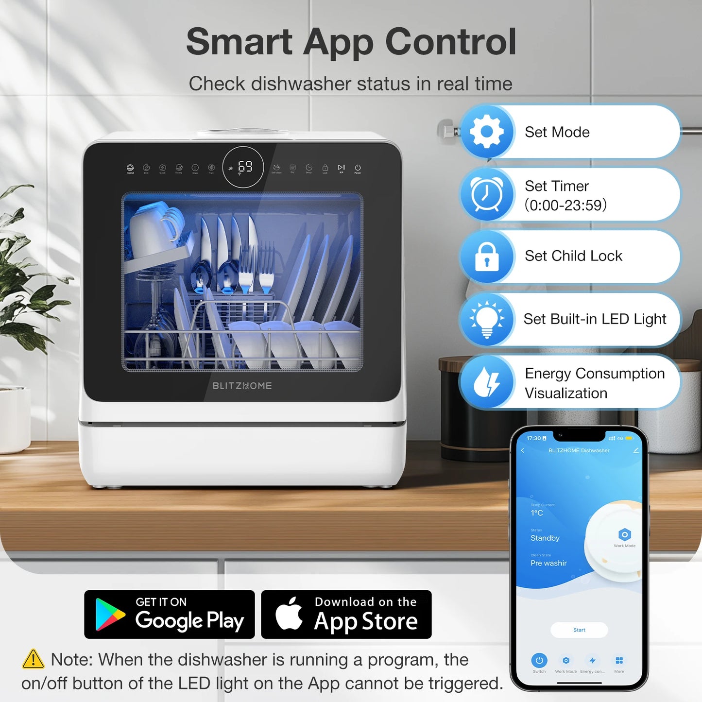 BLITZHOME BH-4-CDW Compact Smart Countertop Dishwasher APP Control 8 Programs 3D 360° Dual Spray With 5L Built-in Water Tank