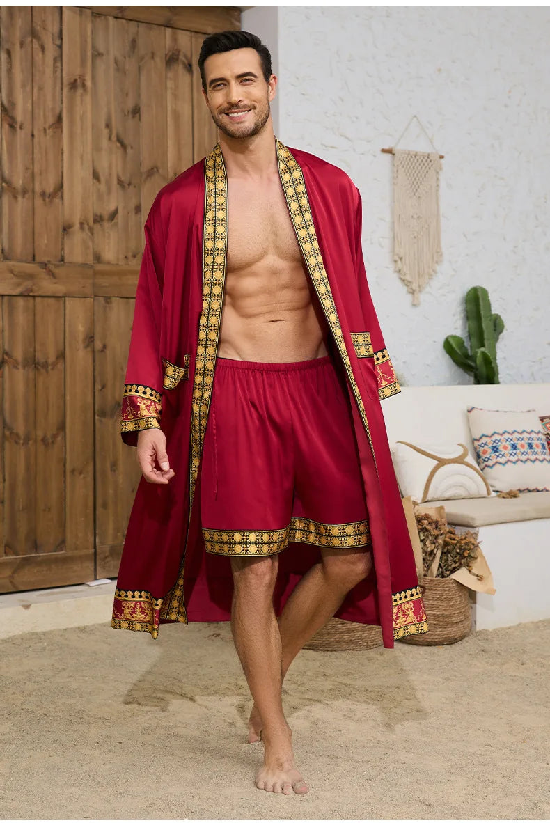 Spring Summer New Men Pajama 2PCS Robe Shorts Set Baroque Style Silk Satin Kimono Bathrobe Gown Loose Home Clothing Loungewear