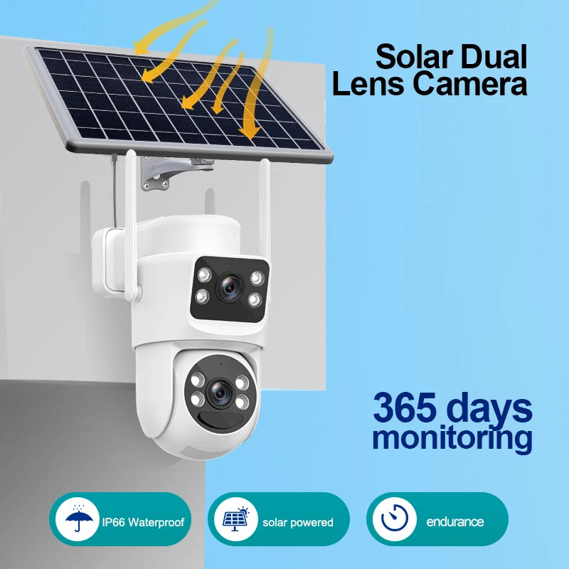 Hongnaer 8MP Dual Lens 4K Wireless WiFi/4G Sim Card Solar Powered Panel IP PTZ Outdoor WiFi Security CCTV Solar Camera