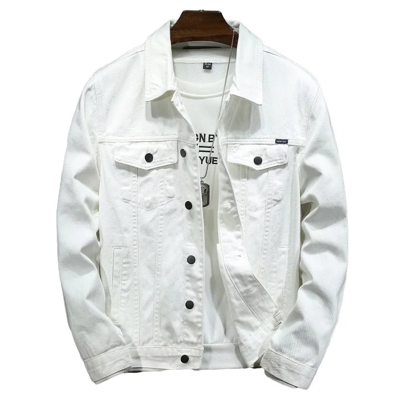 2024 Spring Men Solid Lapel Denim Jackets Fashion Motorcycle Jeans Jackets Hommes Slim Fit Cotton Casual Black White Coats