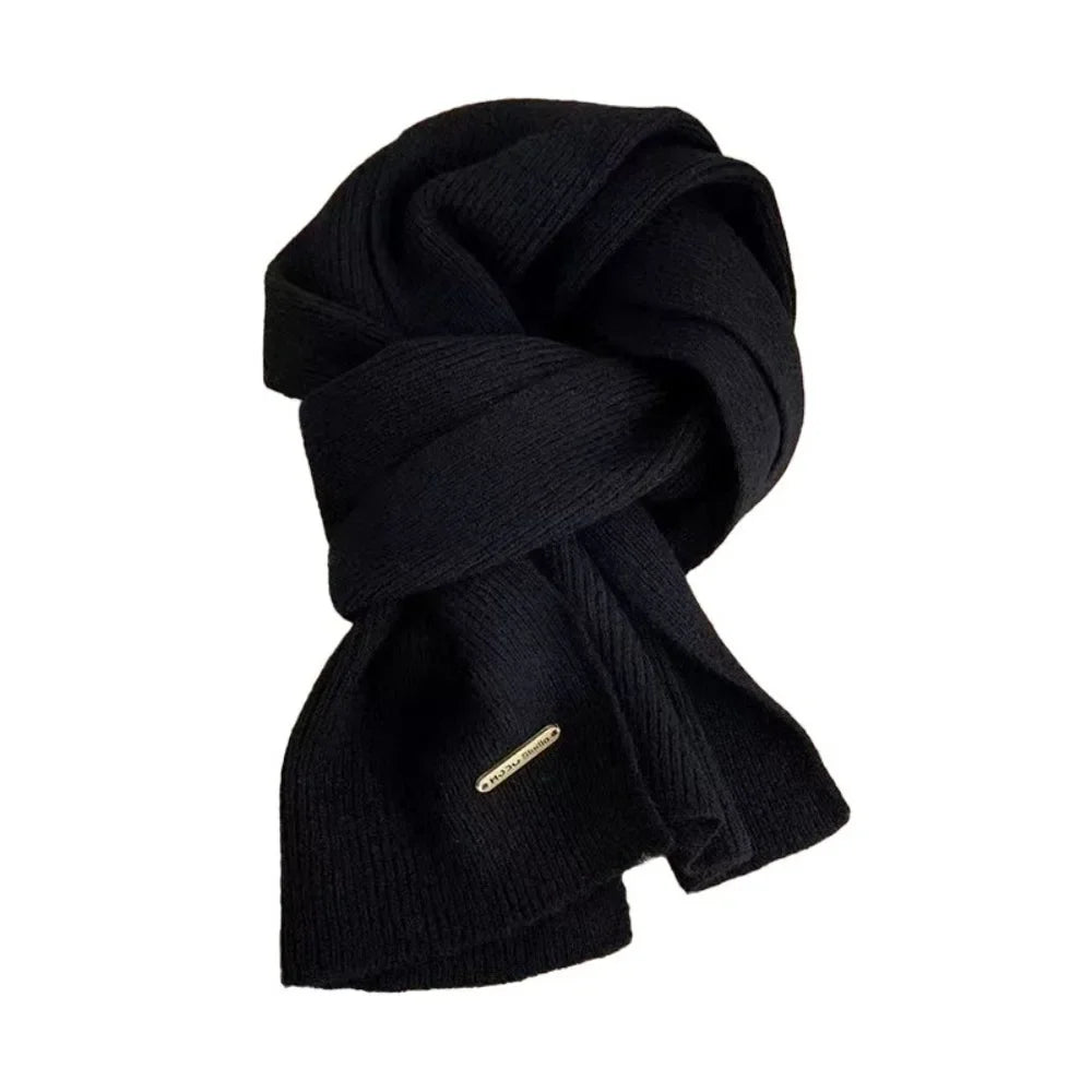 New Korean Style Thick Warm Metal Logo Long Scarf Winter Knitted Solid Color Womens Scarf