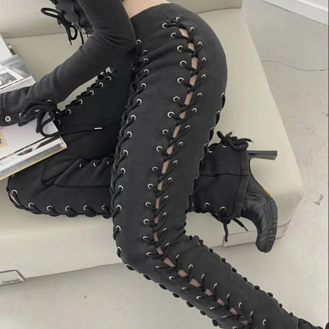 BoozRey Y2k Women Pants Streetwear Low Waist Pant 90s Vintage Clothes Skinny Slim Sexy Lace Up Hollow Out Straight Trousers
