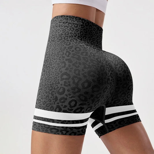 Seamless Sexy Hip Liftting Shorts Color Block Leopard Print Shorts Women High Waist Yoga Shorts Outdoor Running Sports Leggings