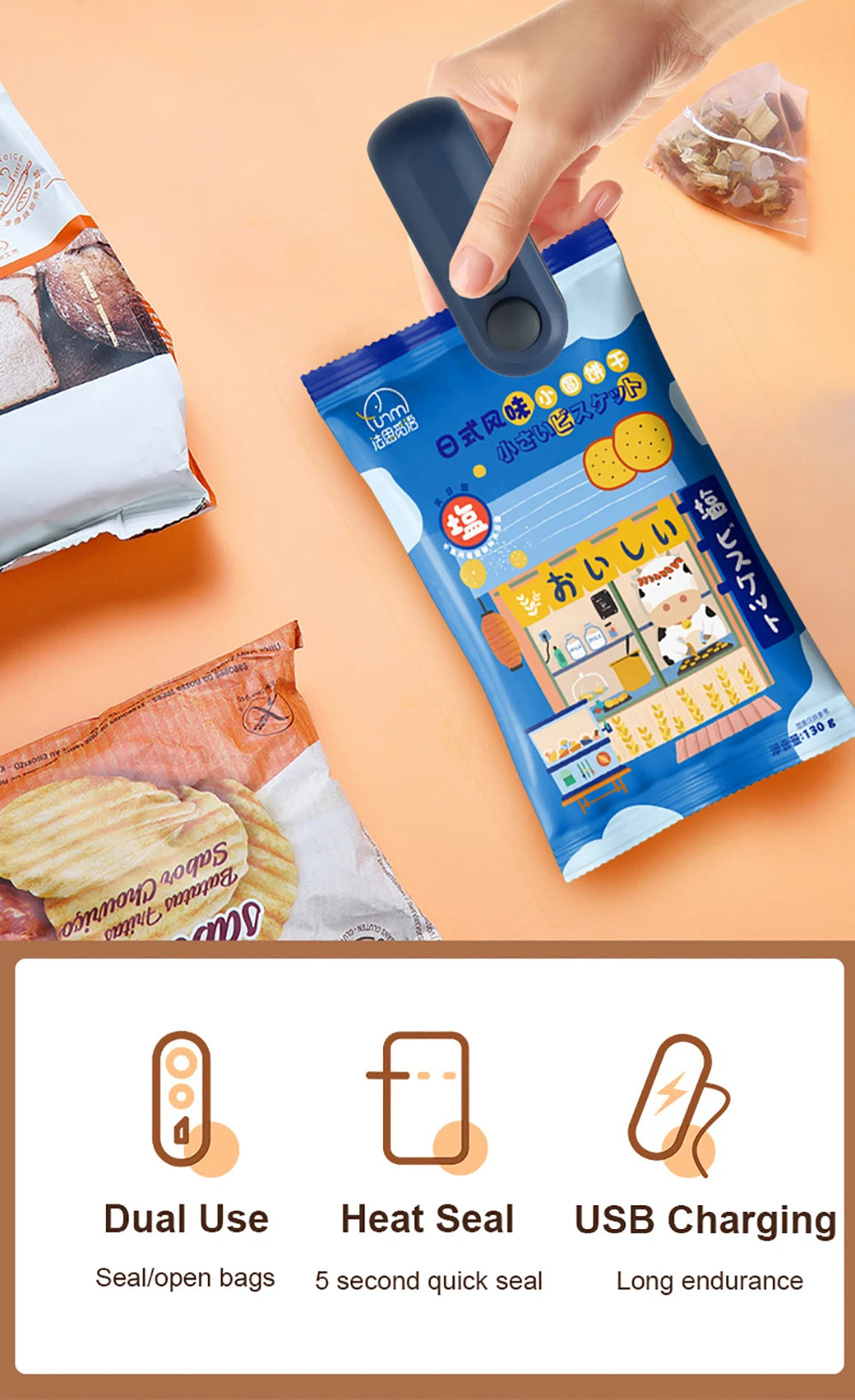Mini Bag Sealer Portable Handheld Heat Vacuum Sealer Rechargeable 2 in 1 Sealer and Cutter Plastic Bags Snacks Food Storage