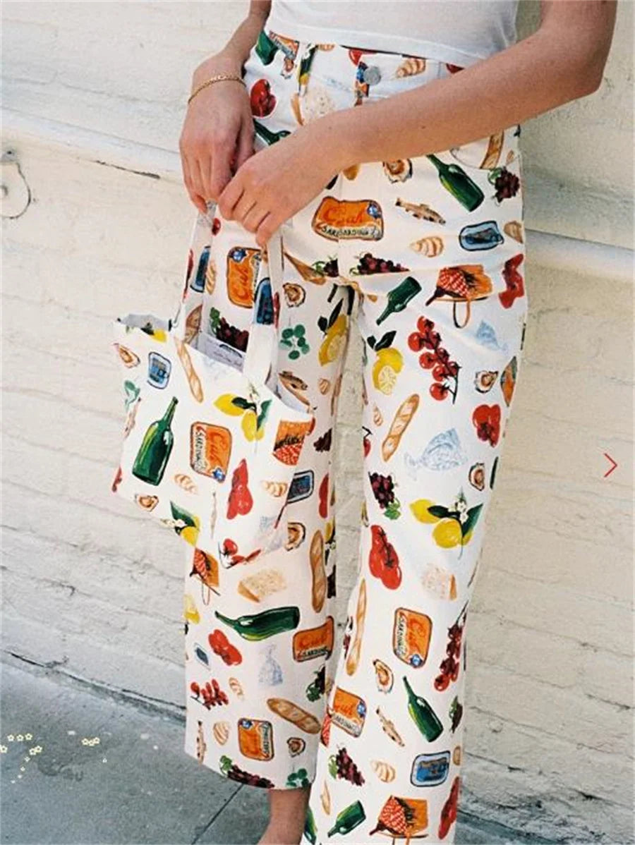Women Y2k Fruit Print Jeans Pants Graphic Print High Neck Straight Leg Denim Pants Aesthetic Jeans Summer Streetwear