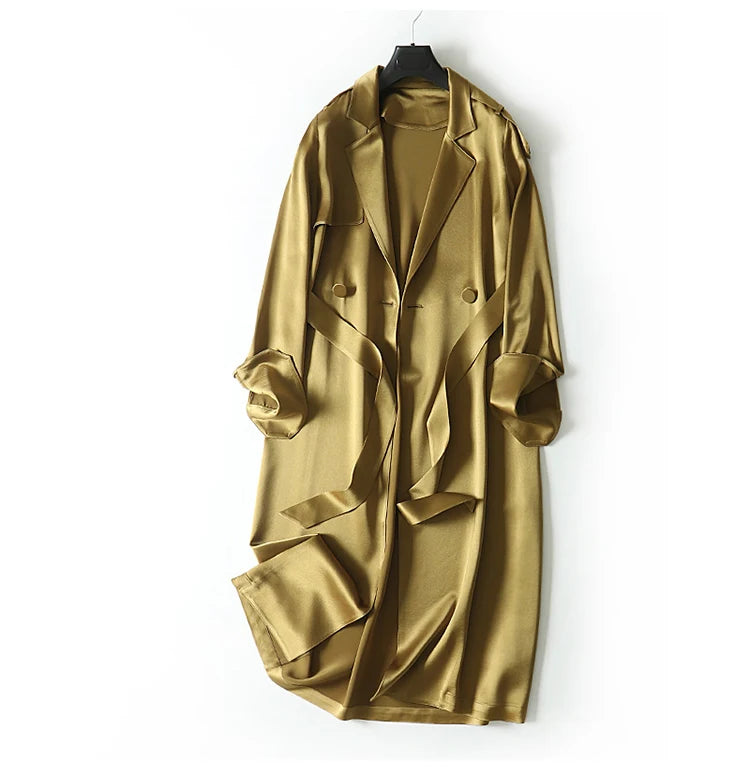 Lautaro Spring Autumn Long Soft Luxury Elegant Flowy Satin Acetate Trench Coat for Women High Quality Chic British Fashion 2022