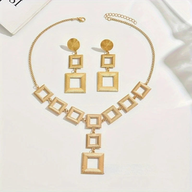 European and American Fashion Square Pendant Necklace Earrings, Women's Personality Exaggerated Design Accessories Jewelry