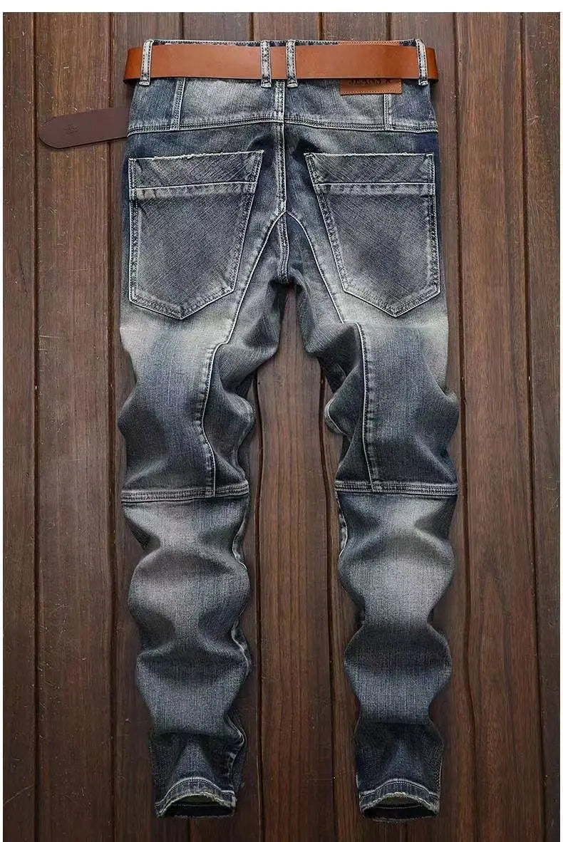 New Spring Autumn Wash Denim Korean Style Blue Designer Cowboy Cycling Motorcycle Splice Vintage Cargo Strech Pant Jean Trousers