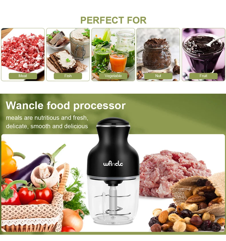 Wancle 0.6L Household Meat Grinder Food Processor Stainless Steel Blade 350W High Power Vegetable Fruit Chopper Kitchen Grinder