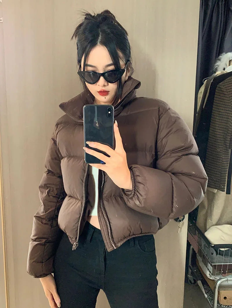 Casual Cropped Parkas for Women Winter New Loose Stand Collar Thick Warm Quilted Jacket Versatile Zipper Long Sleeve Bread Coat