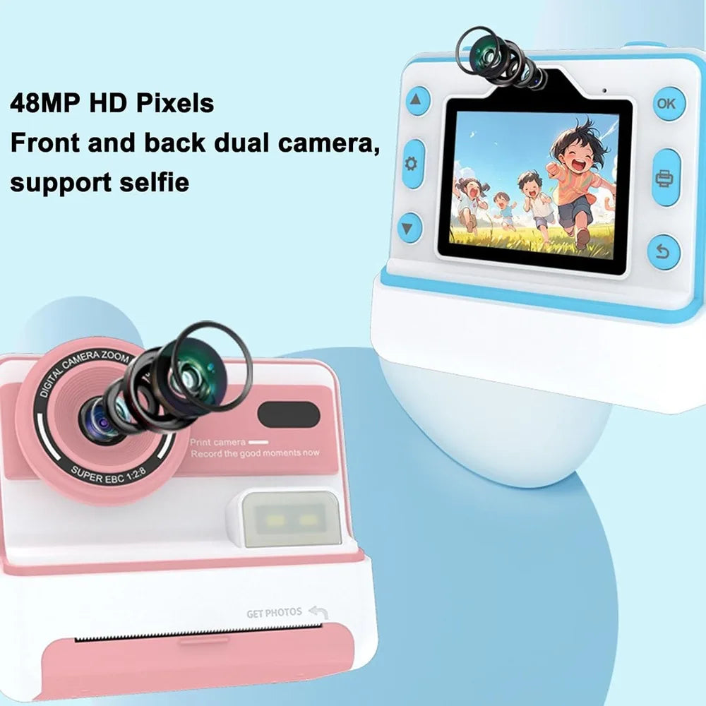 Kids Instant Print Camera 1080P 48MP 2.4 Inch Screen 16X Zoom Children Camera Thermal Printer Portable Travel Selfie Camera Toy