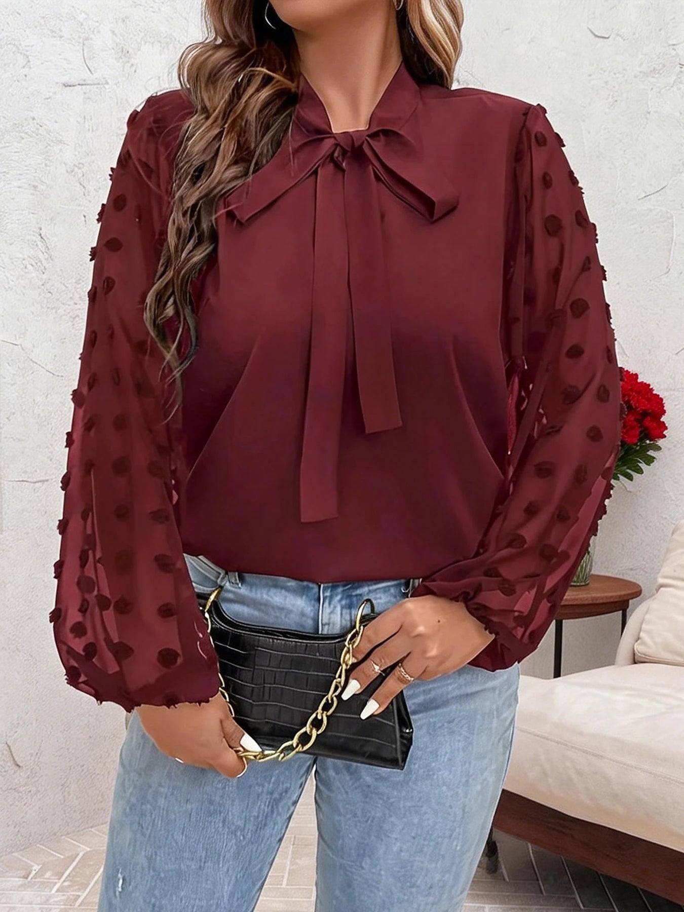 Plus Size Spring Autumn Women Elegant Bow Tie Neck Shirt Office Lady Fashion Solid Curve Clothing Casual Long Sleeve Tops