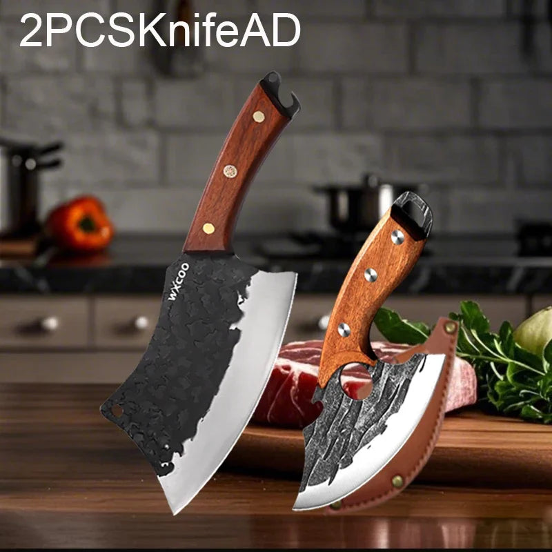 Kitchen Knife Supplies Forged Butcher Knife Fruit Slicing Bottle Opener Knife Multipurpose BBQ Cooking Chef Knife Wood Handle