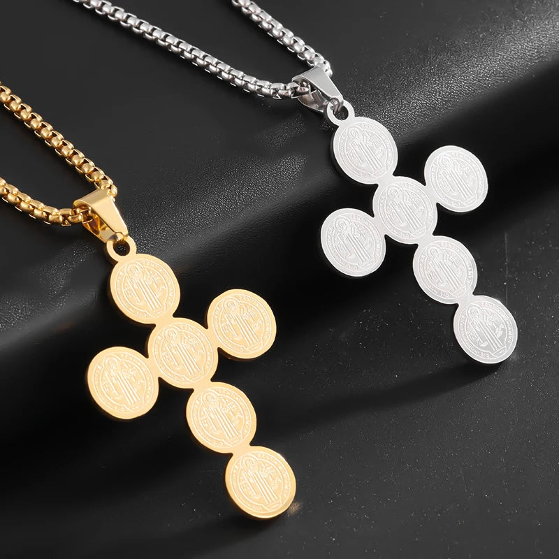 Stainless Steel Christian Saint Benedict Cross Pendant Necklace for Men's Fashionable Retro Religious Lucky Talisman Jewelry