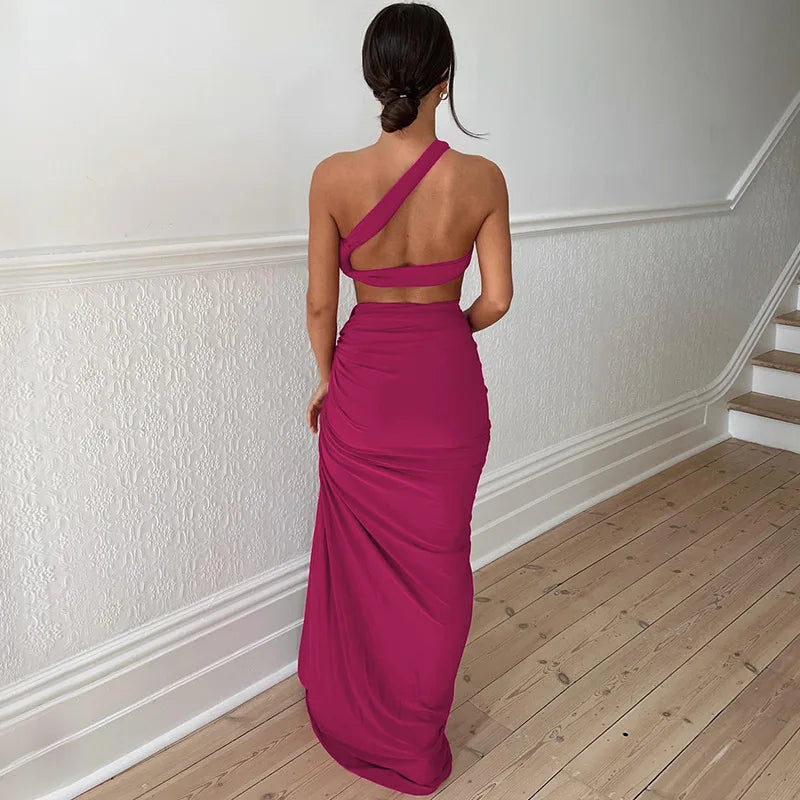 Ladies Summer 2 Pieces Set Women Sleeveless Backless Strap Spit Crop Top Side Slit Slim Long Skirt Evening Party Club Streetwear