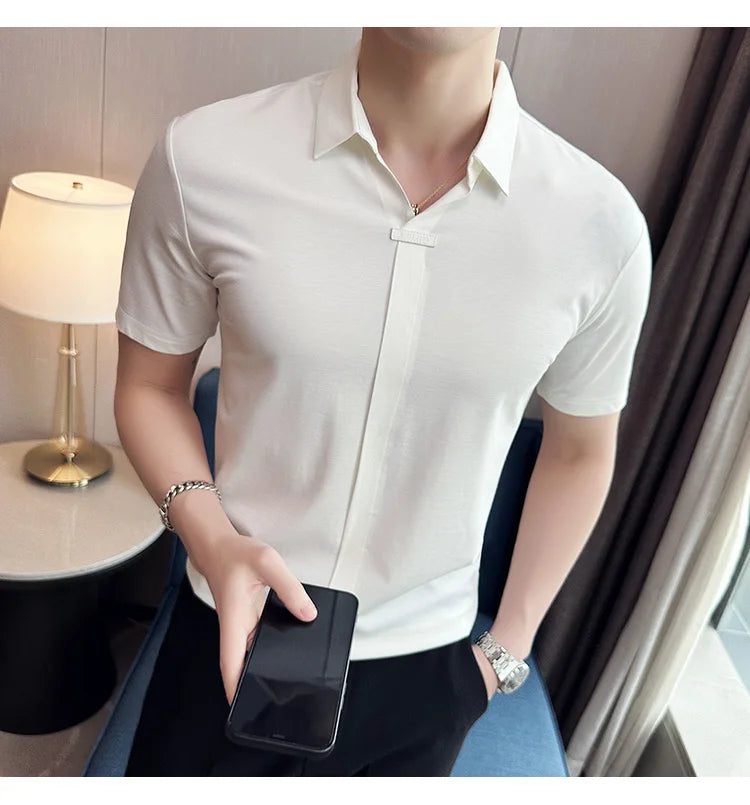 Luxury Purple Polo Shirts For Men High Quality Summer Short Sleeve Men's Polos Ice Silk Elastic Slim Fit Turn Down Collar Tees