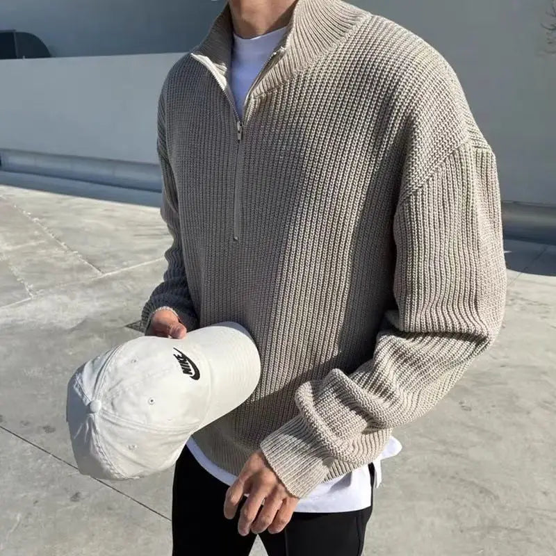 American Fashion Brand Design Korean Style Stand Collar Half Zipper Sweater Men's Temperament Versatile Knitted Sweater