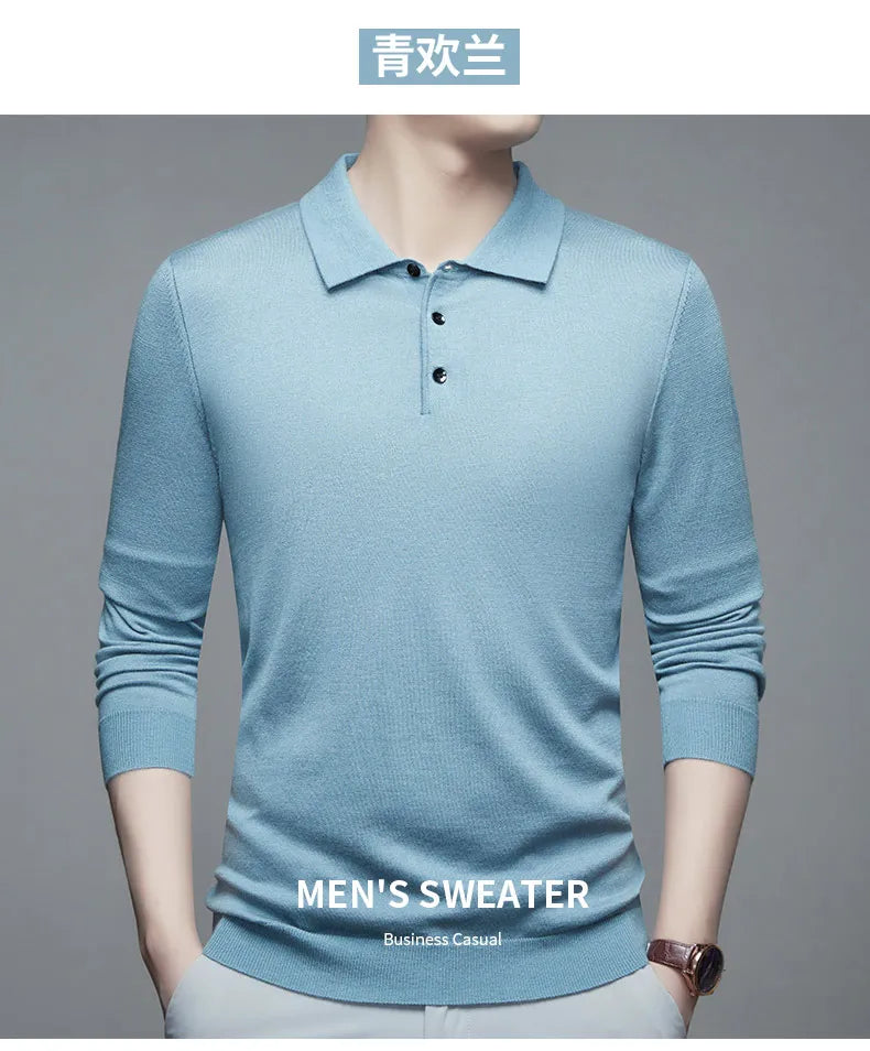 Men's Fine Wool Sweater Polo Collar Pullover Spring Autumn New Cashmere Knitwear Smart Casual Loose Men's Shirts Warm Soft Tops