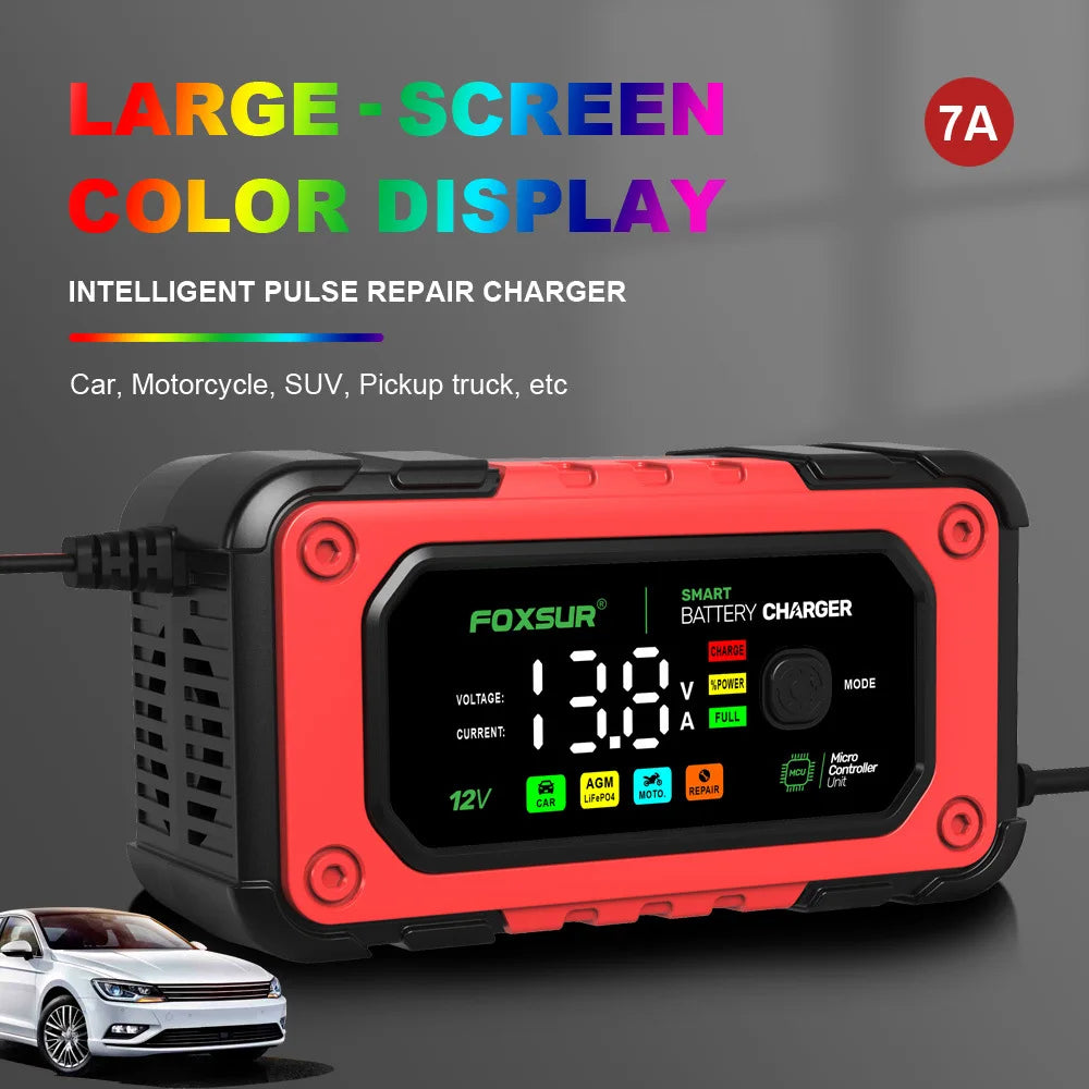EAFC 12V 7A Car Battery Charger Smart Multiple Protection AGM Lithium Iron Lead-acid Charger for Car SUV RV Motorcycle Truck