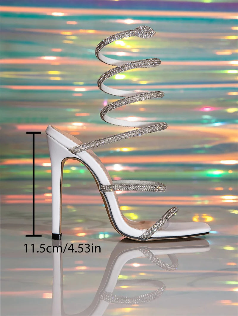 Liyke New Fashion Green Rhinestone Ankle Snake Twine Around Strap Sandals Women Party Prom Shoes Sexy Square Toe Stripper Heels