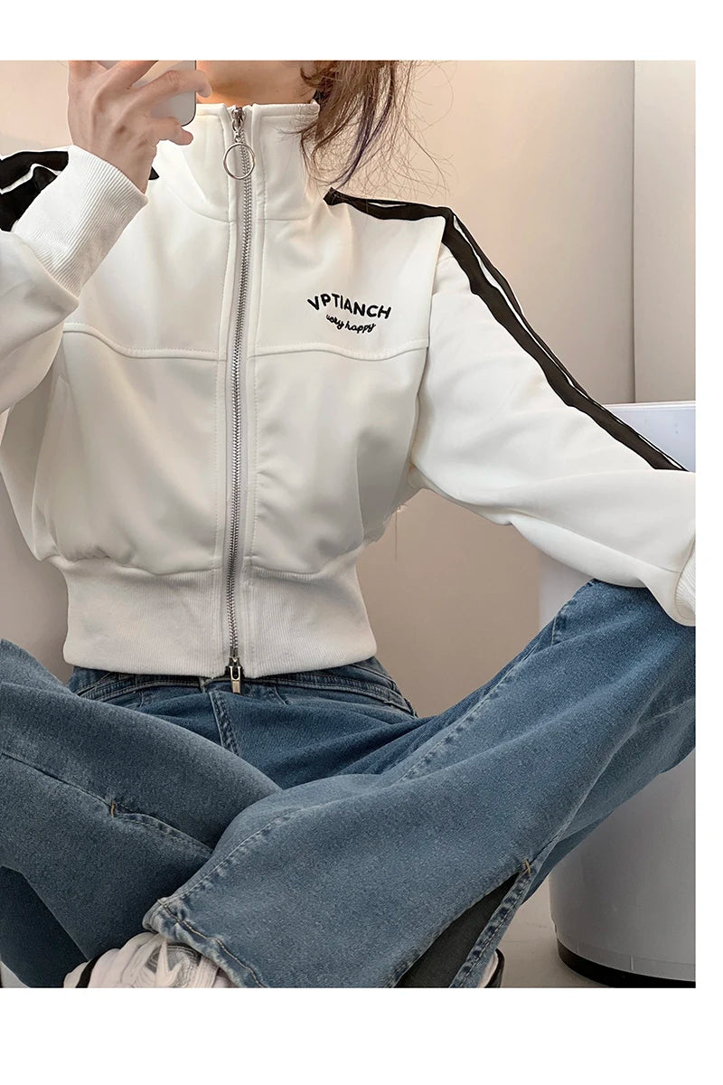 [YOZOU] Spring Double Zipper Baseball Cropped Jacket Women Outerwear Embroidered Striped Green Black White Blue Zip Up Coat