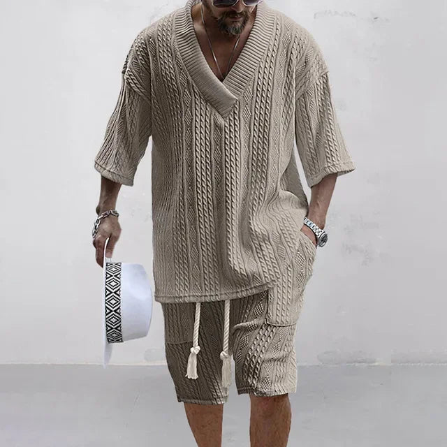 2024 Spring and Summer Casual Shorts Set Knitted Two Piece Men's V-neck Short Sleeve T-shirt and Shorts Street Wear Knitted Set