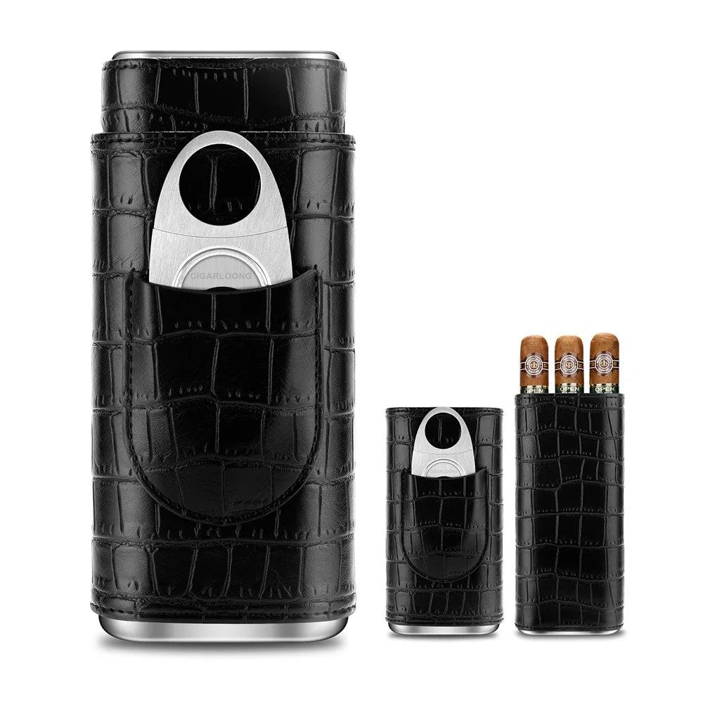 3-pack Cigar Case Luxury Portable Leather Holder Box Storage with Stainless Steel Sharp Cigar Cutter Smoking Accessories CH-24FA