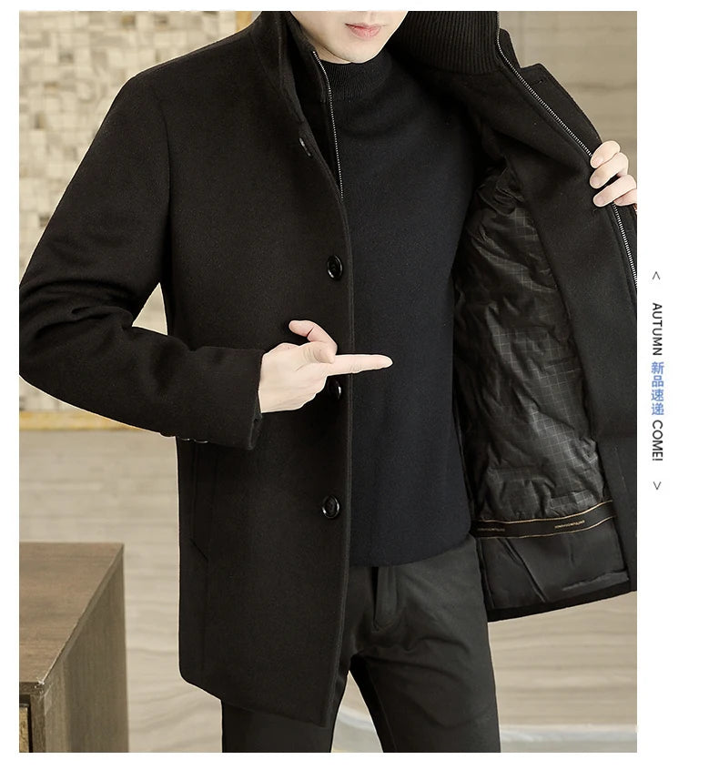 Men's Long Wool Coat High Quality Trendy Fashion Handsome Solid Color Wool Trench Coat with Removable Thickened down Inner Liner