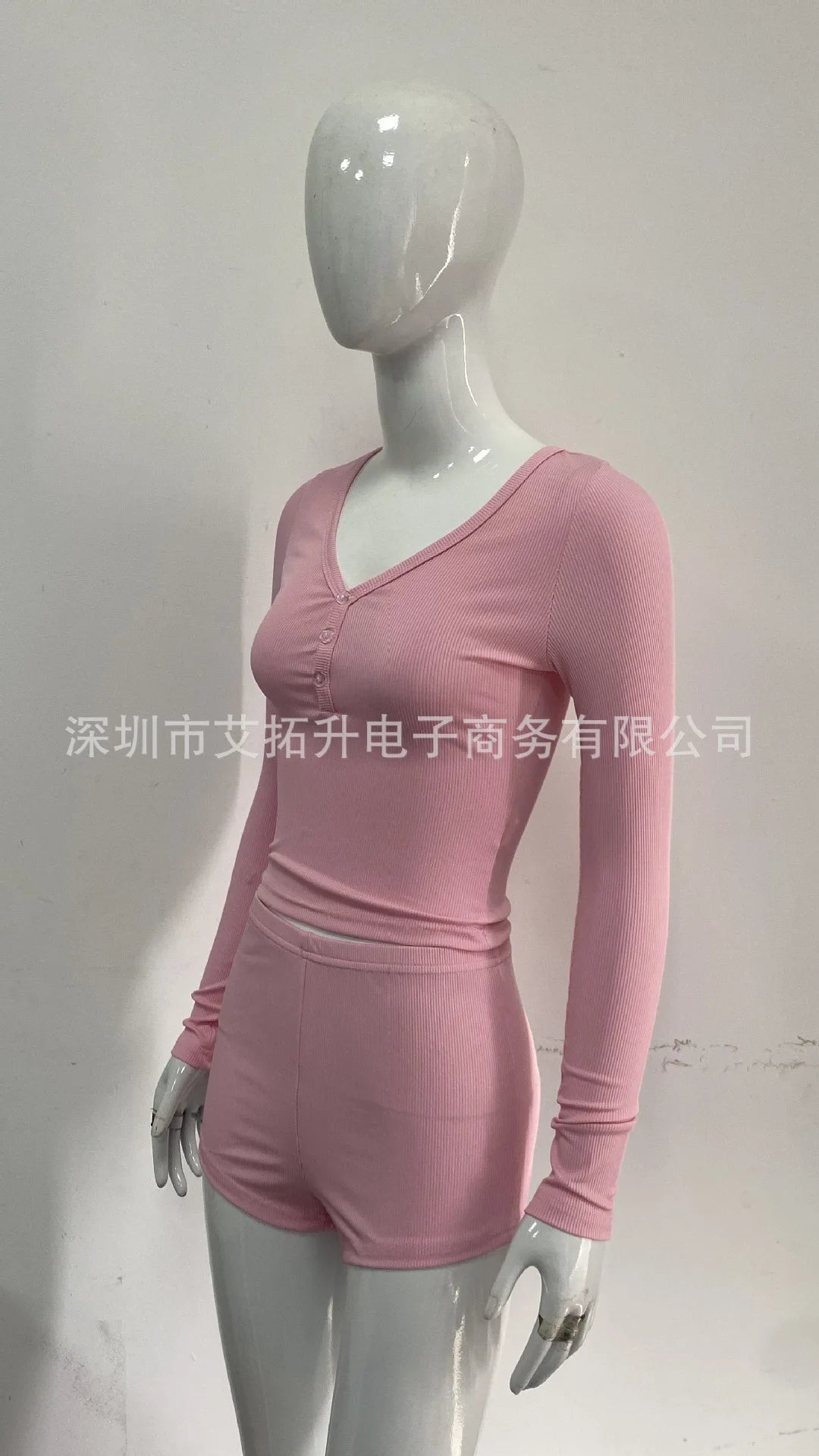 2025 Women 2 Piece Pajamas Shorts Set Long Sleeve V Neck Button Down Cropped Tops Sexy Bodycon Shorts Loungewear Clothes Females