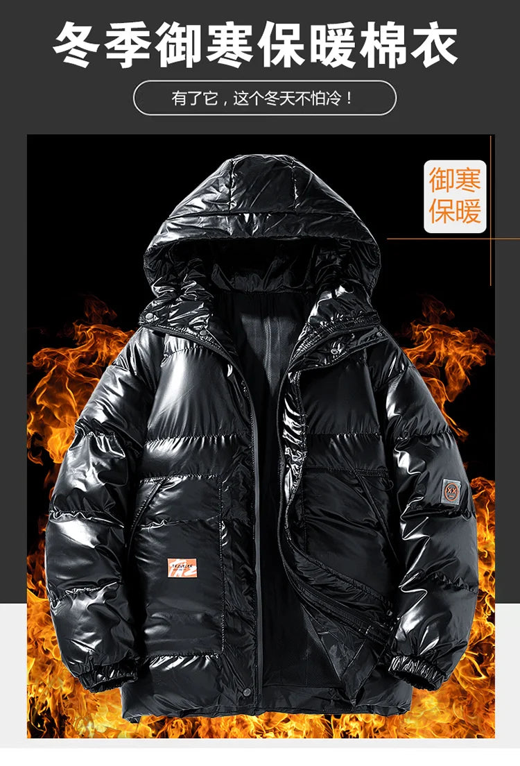 Men Parkas Thicken Warm Coat Men's Solid Color Parkas Coat Men's Fashion New Streetwear Winter Jacket Mens Glossy Black Jackets