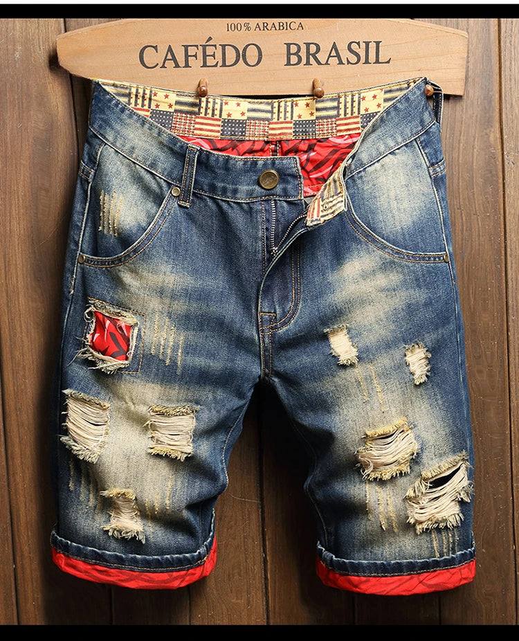 2025 Summer Ripped Denim Shorts Men's Loose Splicing Knee-length Casual Short Jeans Personality Streetwear Hip Hop Male Clothes