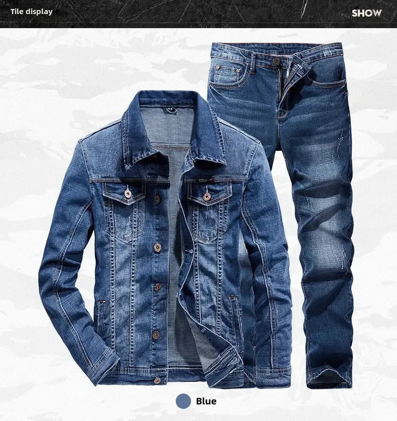 Spring Autumn Men's Denim Suit Loose Fit Plus Size Korean Trendy Two-Piece Student Versatile Outerwear Casual Jacket