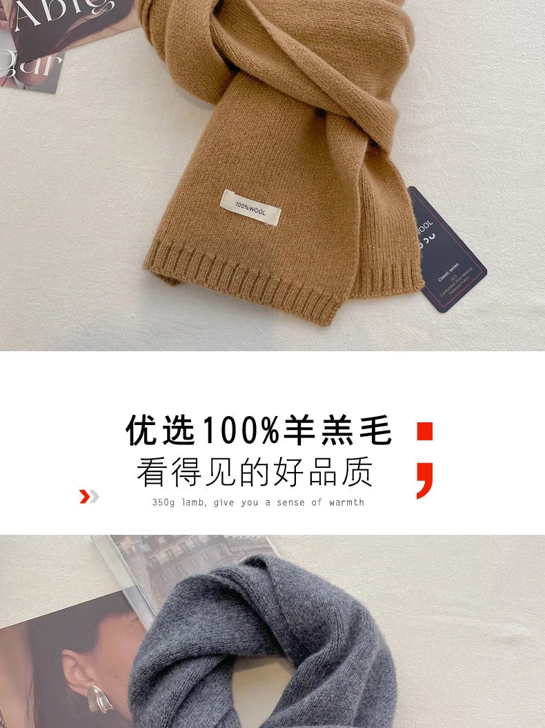 High Quality 100% Wool Scarf Men Women Winter Autumn Solid Color Couple Muffler Simple Warm Versatile Knitted Scarf Male Female
