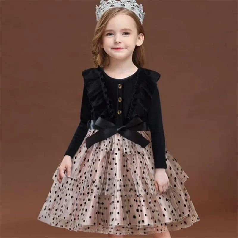 2025 New Kids Dresses for Girls Long Sleeve Fall Dress Polka Dot Birthday Party Costume Autumn Winter Dress Children Clothing