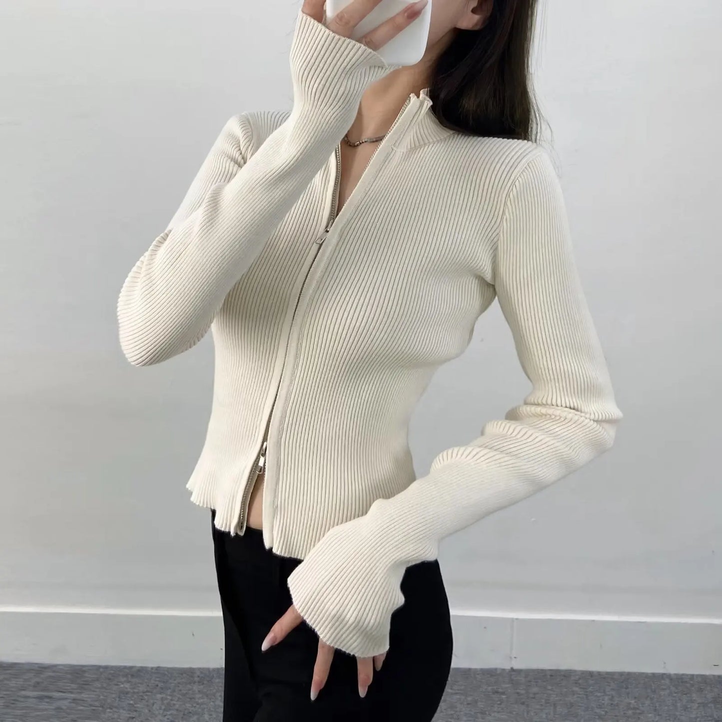 Slim Fit American Style Knitted Cardigan Women's Double Zipper Open Front Pure Desire Autumn Fashion Outerwear BM Style